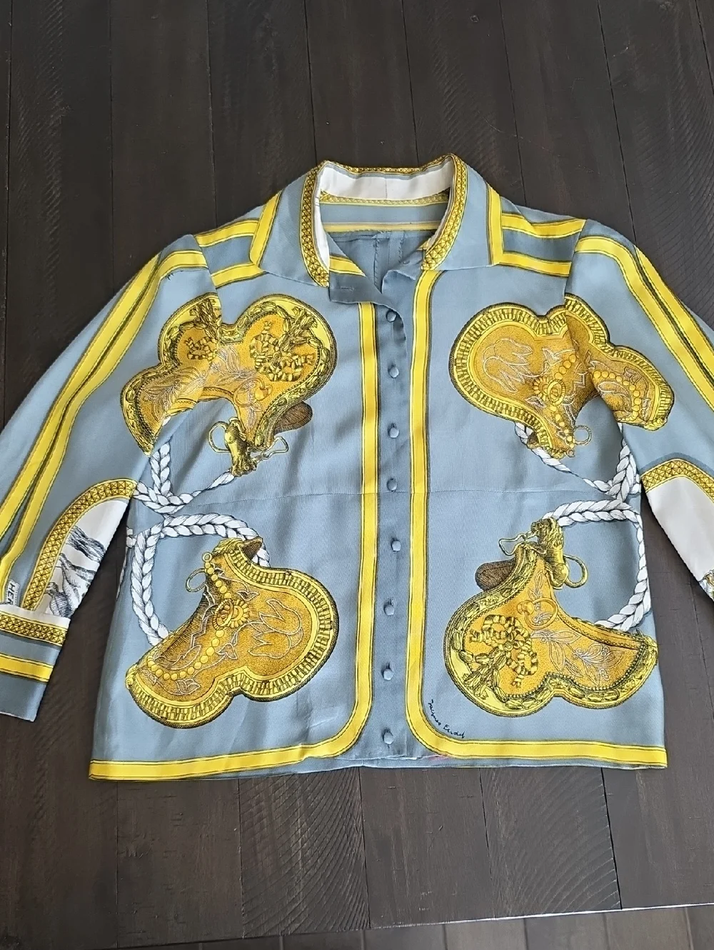 VTG Hermes 100% Silk Button-Up Blouse Equestrian Print Gray Yellow Authentic, 44 - Picture 11 of 15